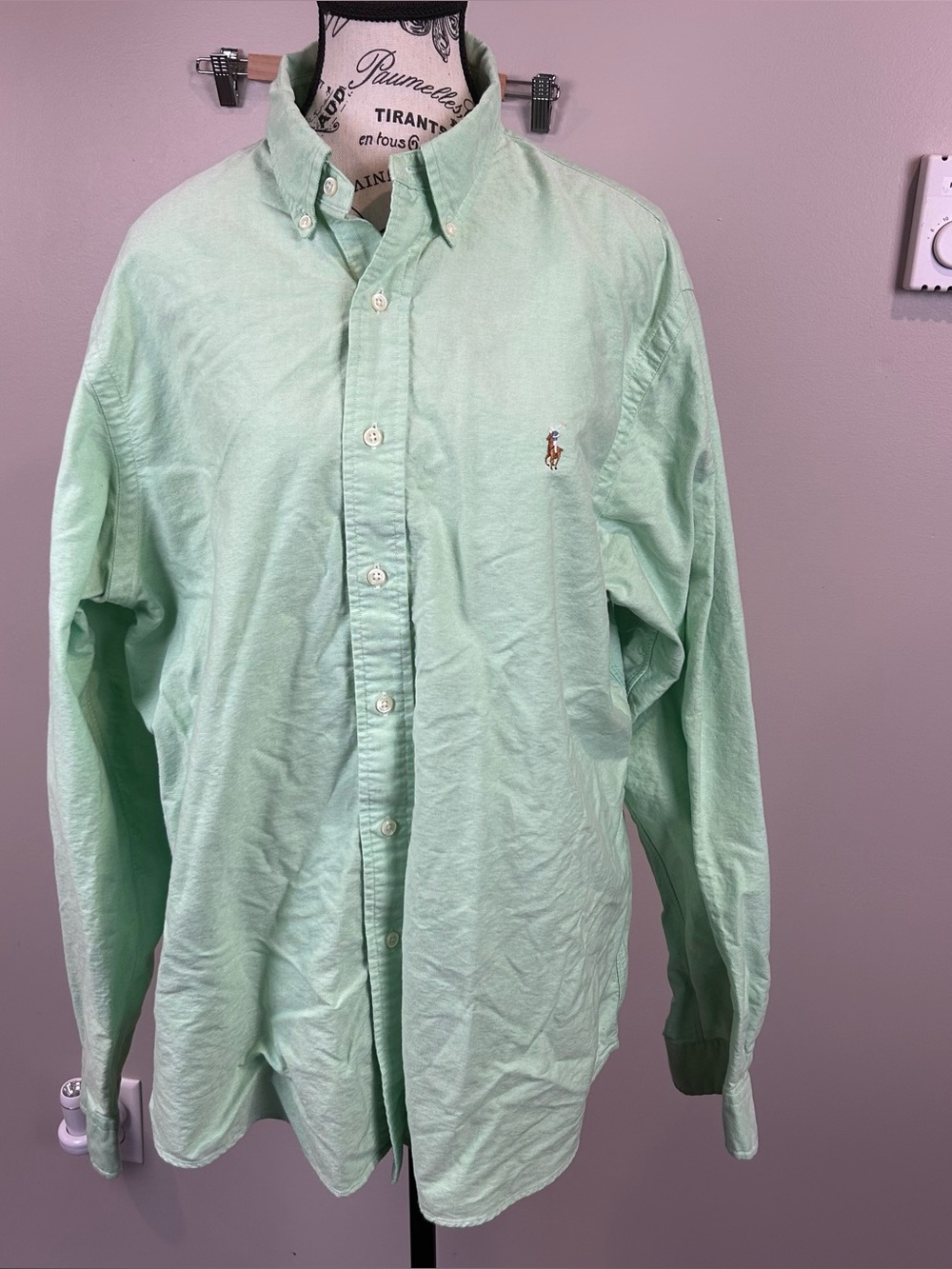 Ralph Lauren Shirt Button Down Custom Fit Oxford Men’s XL Mint Green Flesh Pony